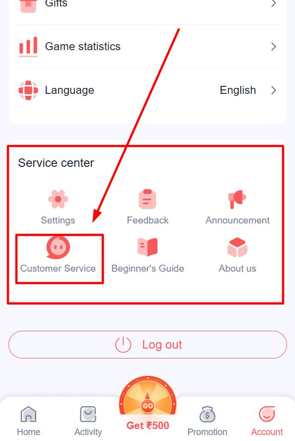 scroll down to the Service Center on the Account page and tap Customer Service to open the Self Service Center